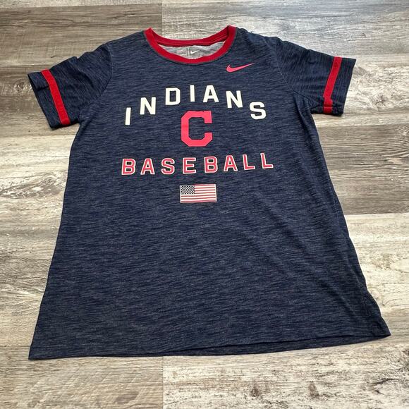 Cleveland Indians T-shirt Nike Blue Womens M Guardians Spellout Dri-Fit USA Flag - Picture 1 of 9